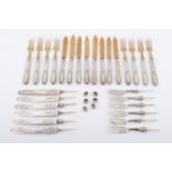 A mahogany canteen of continental silver gilt cutlery and scrap hallmarked silver.