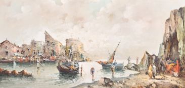 Late 20th Century, Italian - oil on canvas - Fishing boats in a small harbour.