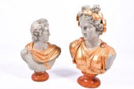 Two neo classical decorative plaster busts depicting a male and female.