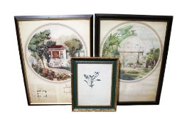Three colour prints of 19th century architectural garden drawings and flowers.