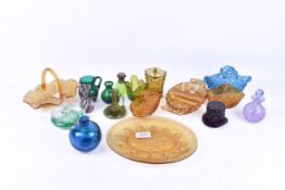Quantity of assorted coloured glass items mostly press moulded.