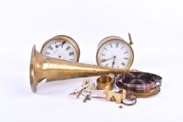 GWR drum clock (af) and another. With clock parts and a brass horn stamped 'Butler, London'.