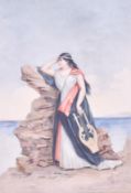 Watercolour - woman with a lyre looking out to sea, indistinct signature lower right, 21cm x 32cm.