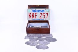 Aluminium engraved printing blocks of motor vehicles, in wooden box.