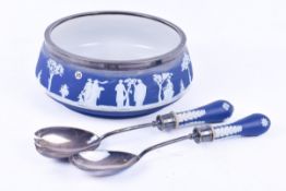 A Wedgwood blue Jasper pottery salad bowl and matching salad servers.