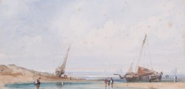 A watercolour of boats and fisherman on the shore, unsigned. 12.5cm x 24.5cm, framed and glazed 35.