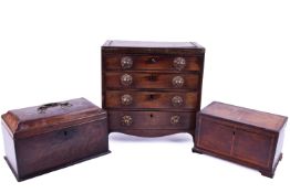 19th Century mahogany table top drawers and two rectangular mahogany tea caddies.