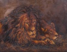 20th Century, oil on canvas depicting a lion with mate. unsigned W80cm x H60cm.
