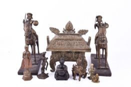 A pair of Indian brass horse mounted Aiynar on plinth bases.