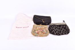Three womens' vintage evening clutch purses. Including an embroidered and a beaded example, etc.