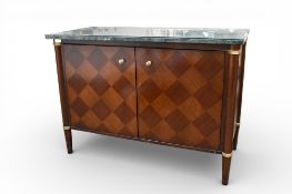 A contemporary Regency style marble top sideboard with checkerboard marquetry pattern doors.