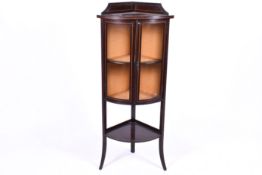 Edwardian mahogany and string inlaid bow-front glazed corner display cabinet.