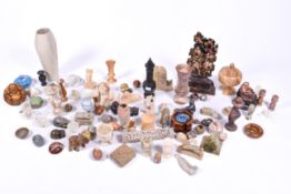Collection of carved and turned hardstone ornaments. Including animal figures and vases, etc.