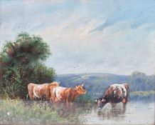A late 19th/early 20th Century oil on canvas - Cattle watering.