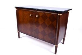 A contemporary Regency style marble top sideboard with checkerboard marquetry pattern doors.