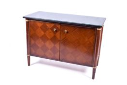A contemporary Regency style marble top sideboard with checkerboard marquetry pattern doors.