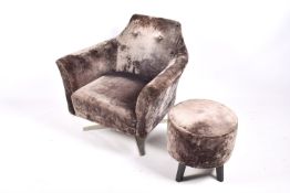 A contemporary Morgan velvet upholstered swivel chair and matching stool.