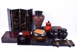 Collection of lacquer decorated and papier mache wares.