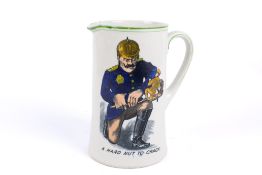 A pottery jug with transfer printed decoration depicting a kneeling German soldier facing a British