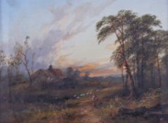 A late 19th Century oil on canvas - goose girl on a track at dusk. signed lower right.