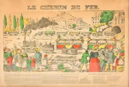 A 19th century French Epinal hand coloured engraving, 'Le Chemin de Fer'. Published by Pellerin.