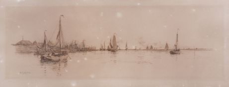 William Lionel Wyllie (1851-1931), etching of fishing boats along the coast. Framed and glazed 32.