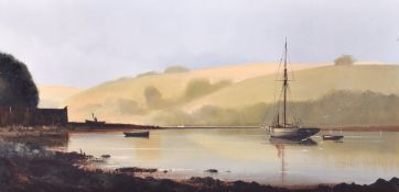 20th Century Oil on canvas depicting a boat on a river with landscape. Unsigned. Framed.