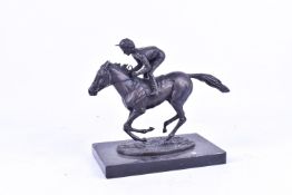 David Cornell - 'Champion Finish', bronze racehorse and jockey, on rectangular plinth,