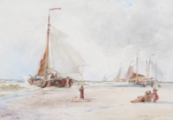 Thomas Bush Hardy (1842-1897), watercolour, boats at the shore and onlookers.