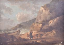 19th Century on canvas - beach scene, fishing-folk transporting the catch. unframed.