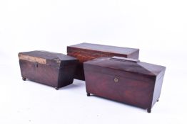Three assorted 19th Century mahogany tea caddies. Two of sarcophagus form, the other with inlaid.