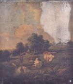 19th Century oil on panel. Pastoral scene with figures and cattle.