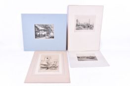 Four 19th and 20th century etchings of horses, city scenes and hay making.