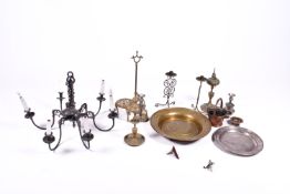 A 20th Century metalware including 6 branch chandelier. 57cm drop.