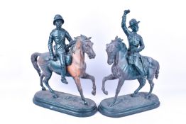 Pair of spelter figures of Boer war cavalry on horseback. Raised on stepped oval bases.
