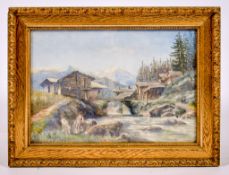 Oil on board, unsigned - Alpine scene.