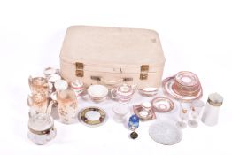 A Crown Staffordshire part service along with other china and vintage white suitcase.