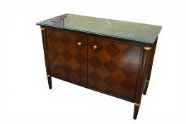 A contemporary Regency style marble top sideboard with checkerboard marquetry pattern doors.