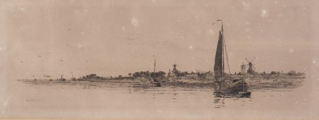 William Lionel Wyllie (1851-1931), etching of fishing boats with windmill in the distance.