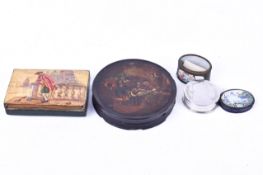 Four small papier mache, wood and metal boxes, 18th century and later.