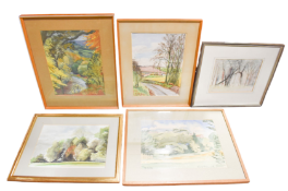 Five 20th Century watercolours of rural scenes all framed and glazed.