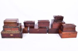 A quantity of 13 assorted mahogany boxes to include writing boxes and tea caddies.