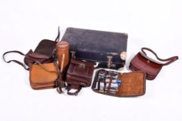 A vquantity of leather bags and telescopic case.