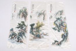 Three Chinese paintings on silk depicting rural mountain scenes with homes and river.