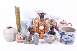 Quantity of Asian ceramics, carved soapstone and a cloisonne dish.