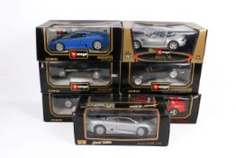 Seven 1:18 scale diecast cars. Comprising a Maisto Special Edition Jaguar XJ220, Bburago No.
