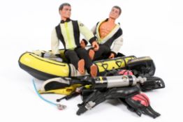 Two Hasbro Action Man dolls with a dinghy and some accessories.