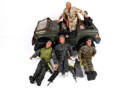 A collection of assorted Hasbro Action Man figures, with uniforms and a 'Jeep'.