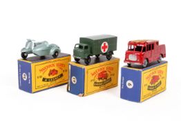 Three Moko Lesney Matchbox diecast vehicles. Comprising a No.63 Army Ambulance, No.