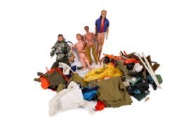 A collection of assorted Palitoy Action man figures with accessories and a Mattel Ken doll.